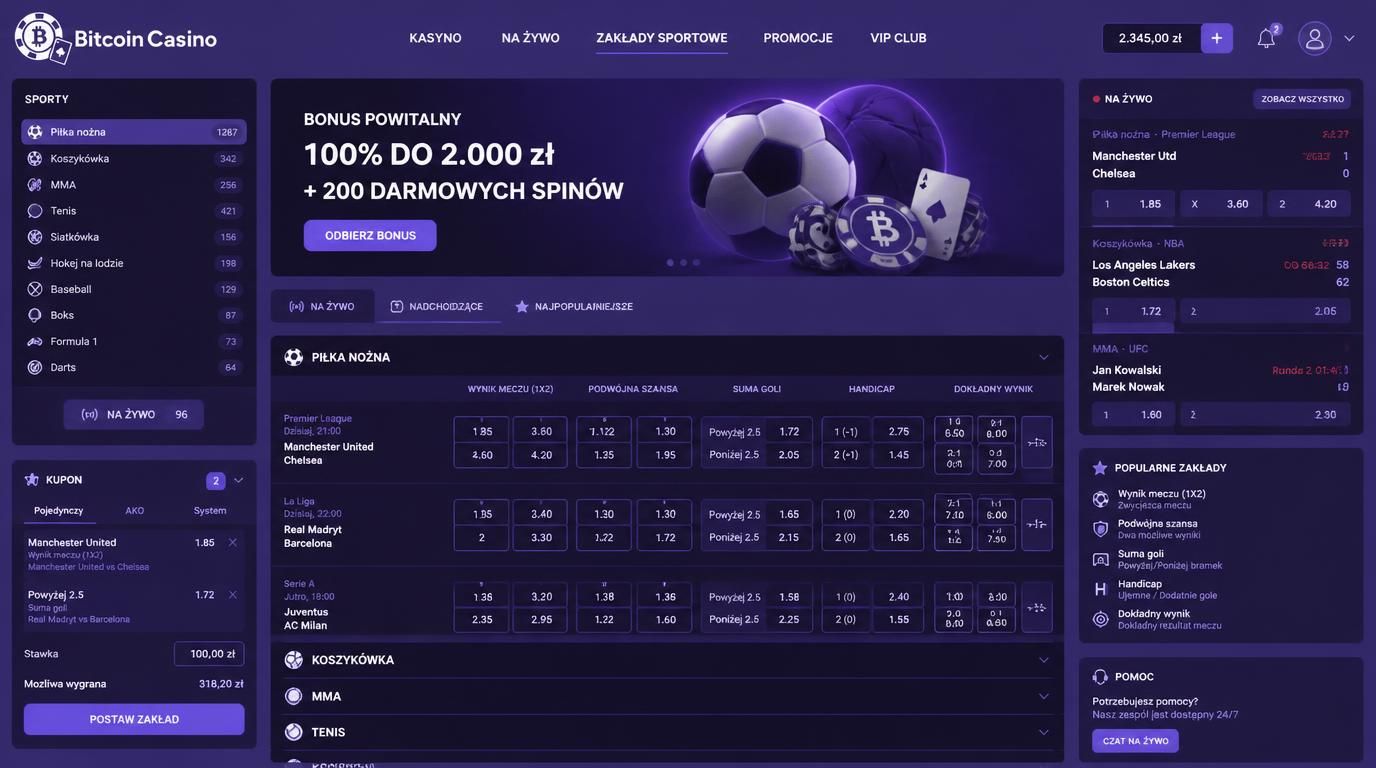 Interfejs zakładów sportowych z różnymi rynkami, dynamiczne kursy, sporty widoczne.