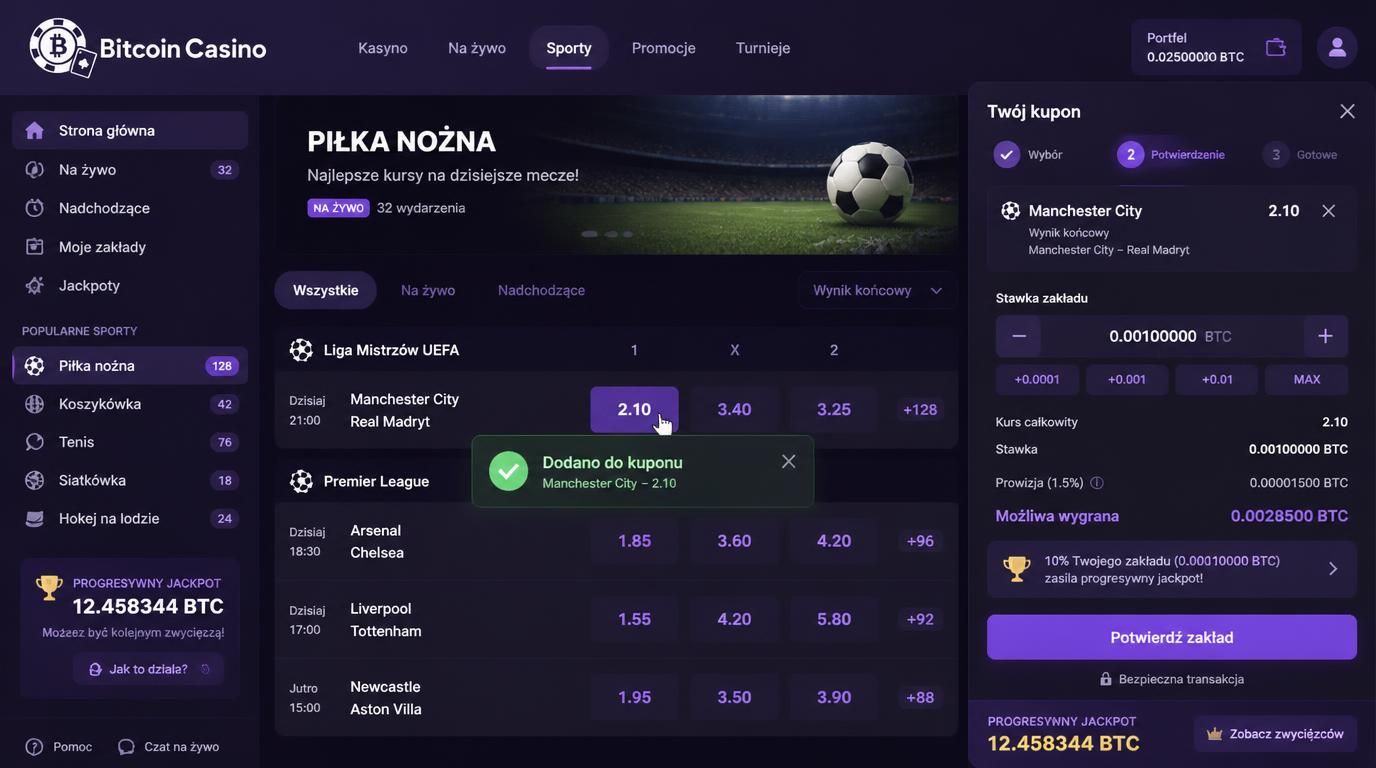 Kroki: wybierz kurs, typ, stawkę, sprawdź kupon, potwierdź zakład.