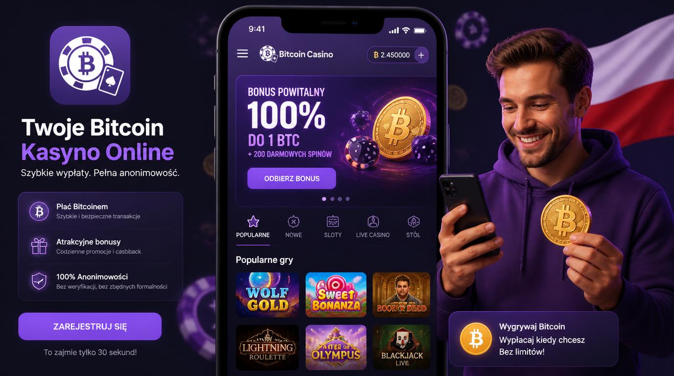 Polski gracz trzymający telefon z interfejsem kasyna bitcoin, promocja aplikacji