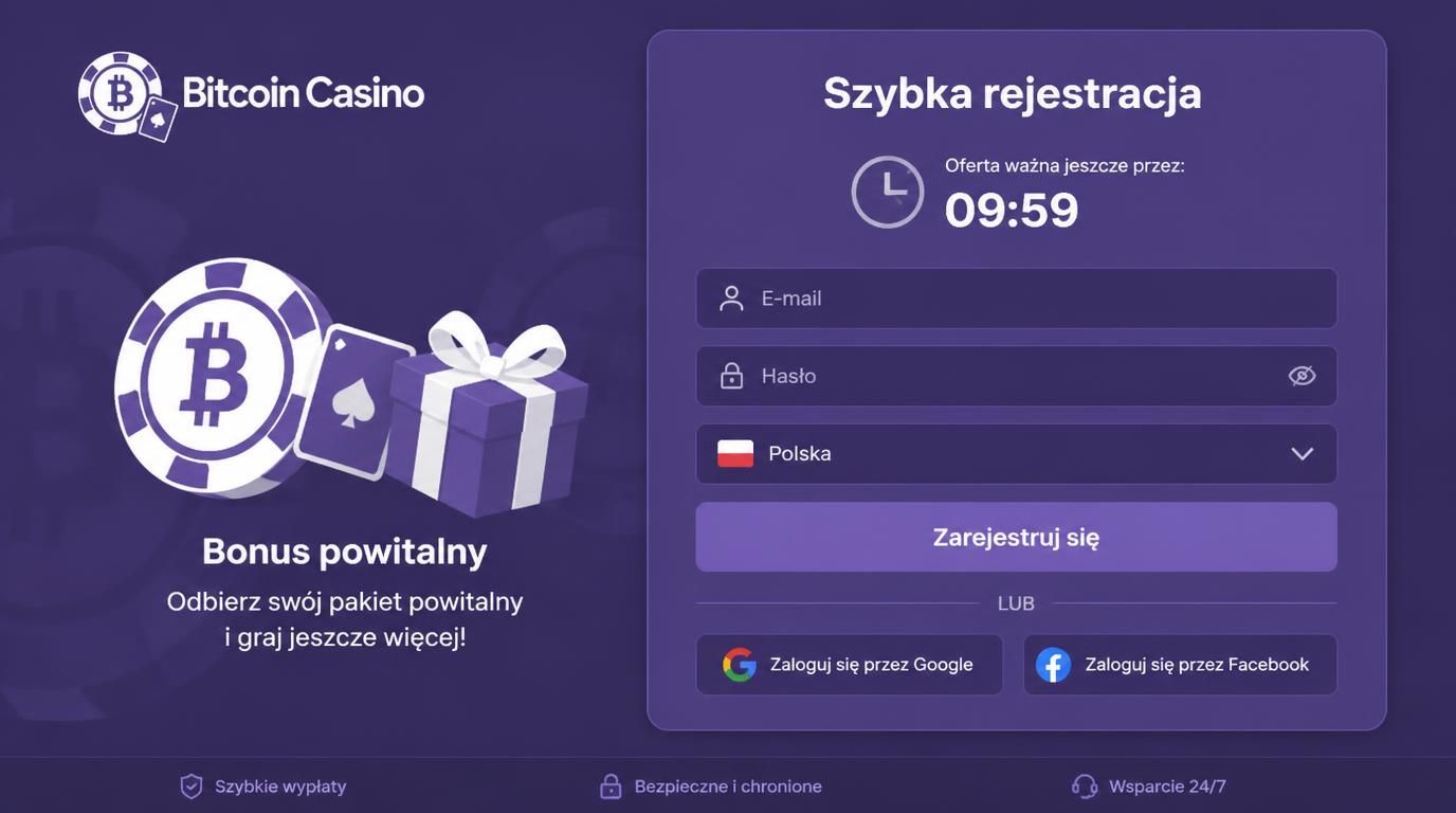Uproszczony formularz rejestracji kasyna bitcoin z ikonami logowania społecznościowego i bonusem powitalnym