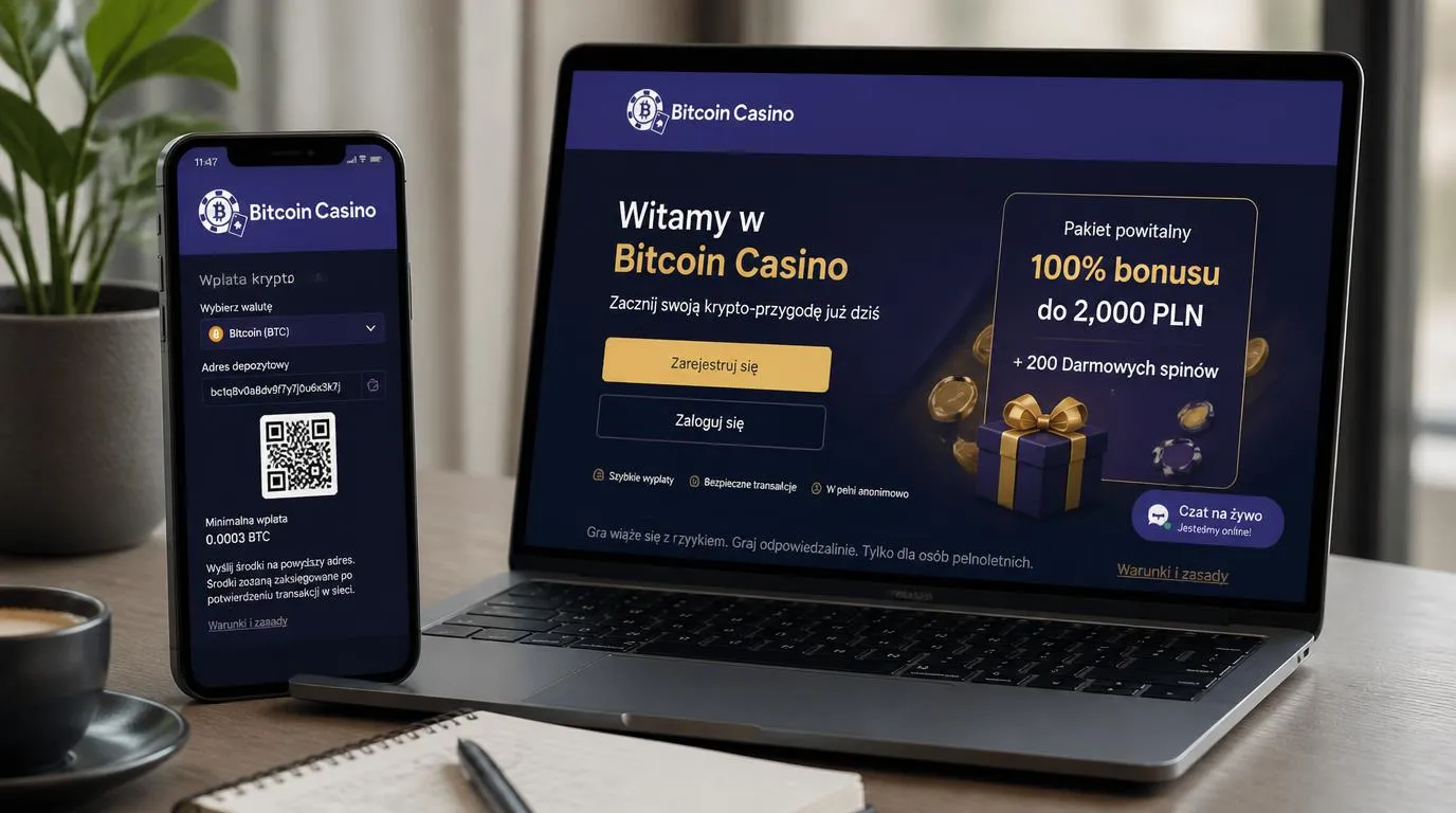 Telefon z ekranem wpłaty kryptowalutowej obok laptopa pokazującego ofertę powitalną kasyna
