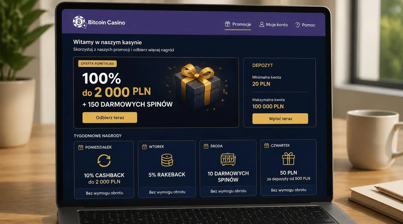 Ekran kasyna z bonusem powitalnym, minimalnym depozytem i tygodniowymi nagrodami