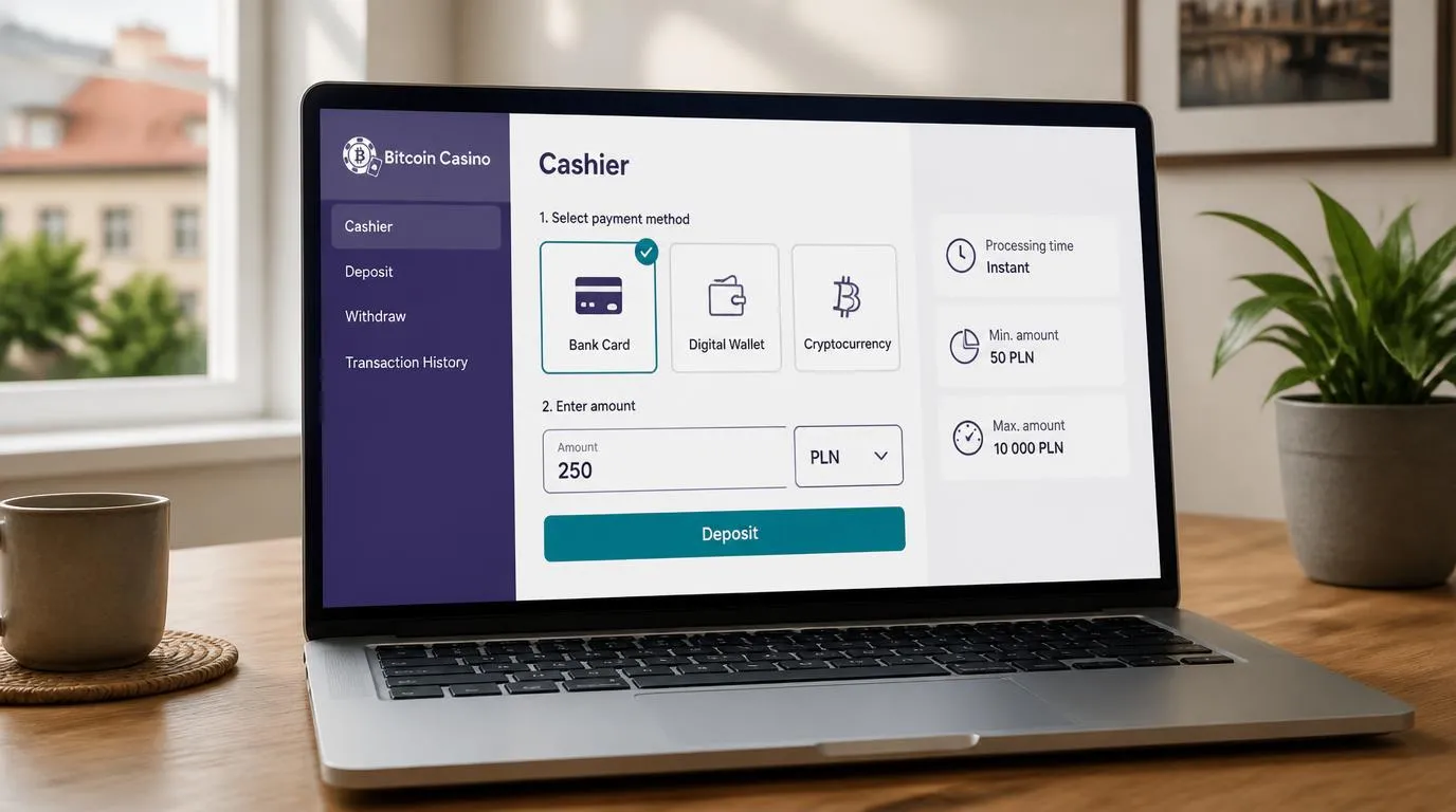 Ekran kasy kasyna z wyborem karty, portfela elektronicznego i kryptowalut oraz podglądem kwoty w PLN